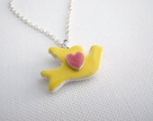 Pastel Dove necklace yellow ceramic pink heart silver plated chain
