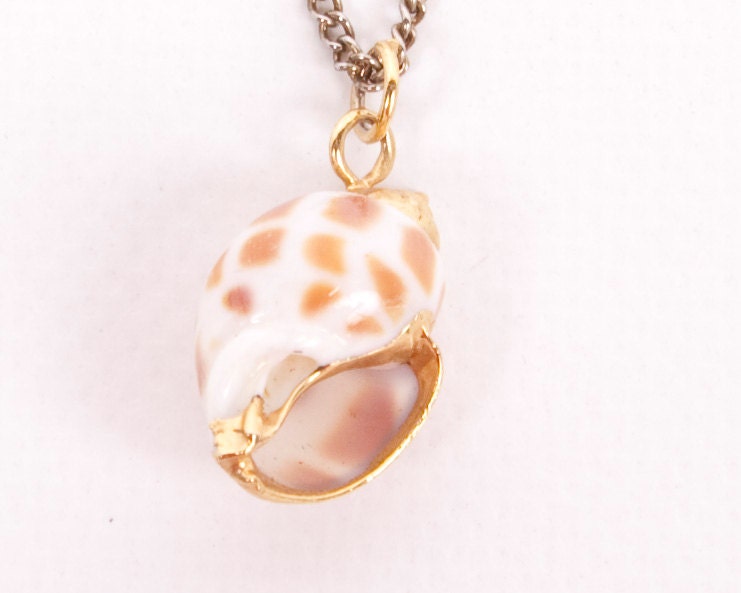 Vintage Shell Pendant Necklace Trimmed In Gold Gold Tone Chain Caramel and White