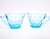 Vintage Hazel Atlas Capri Blue Dots Teacups Aqua Coffee Mugs Glassware Set of 2