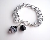 Chunky Chain Charm Bracelet With Black and White Lampwork Glass Puffed Heart