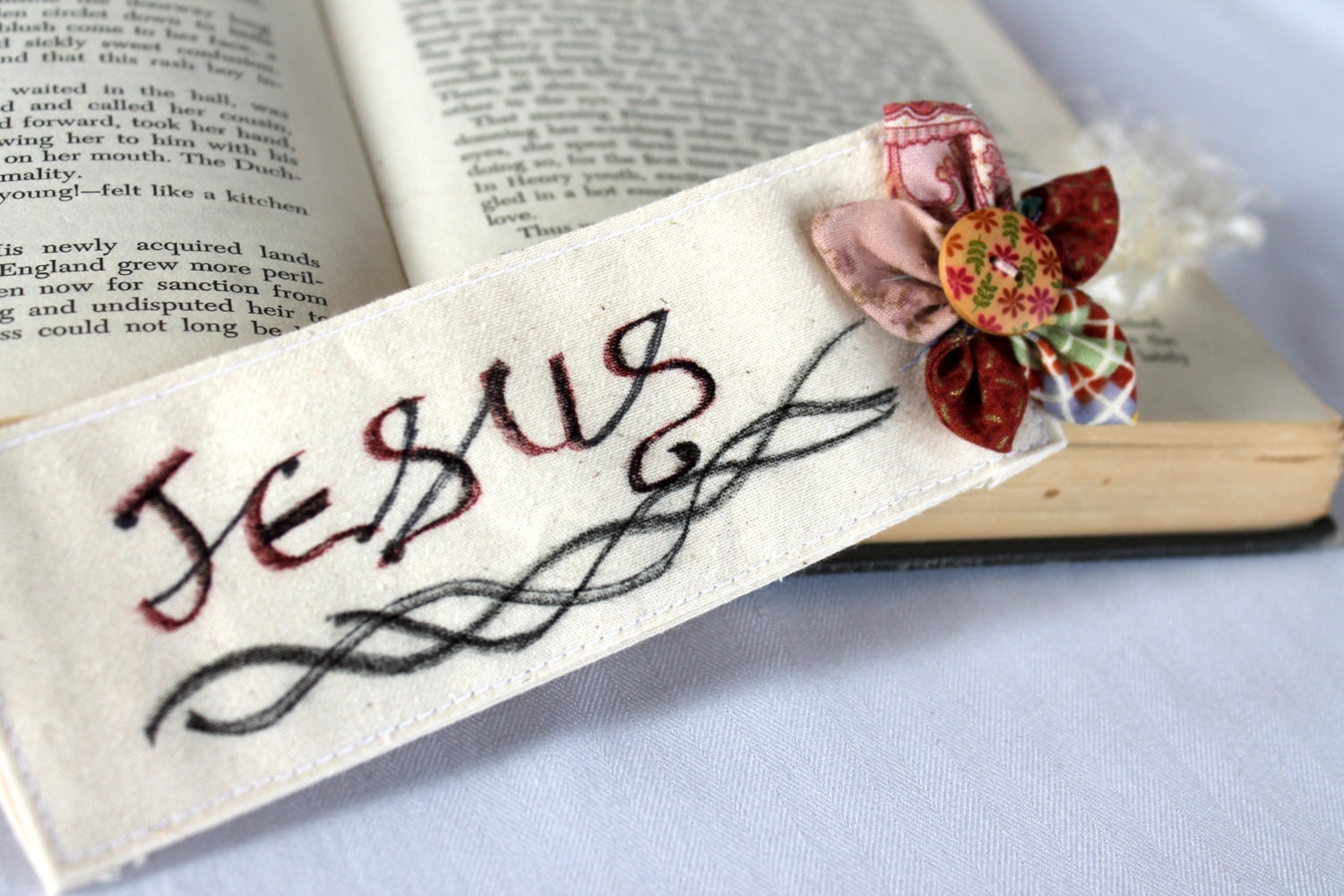 Fabric Bookmark Hand lettered  " JESUS" with kanzashi flower