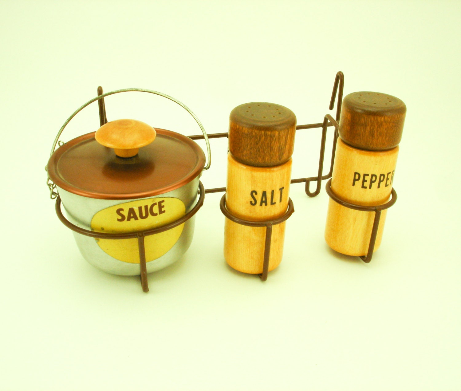 Mid Century BBQ Grill Set 1950s-60s Vintage Barbeque Barbecue Sauce Pot and Salt & Pepper Shakers on Rack Hooks to Grill while Grilling