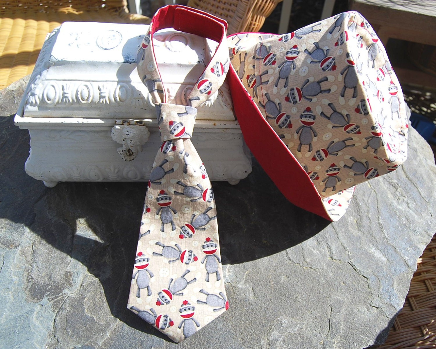 Custom Sock Monkey Fedora Baby Boy Toddler Hat and Reversible Adjustable Necktie /Dress Up. Red.Blue. Photo Prop. Birthday Outfit.
