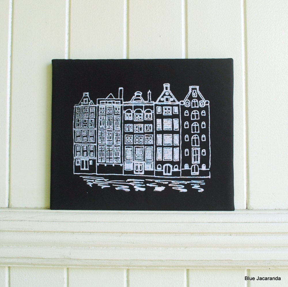 Amsterdam Canal Houses - Screenprint Stretched on Canvas - White on Black - Extra Large