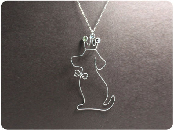 Dog and Crown, Necklace - wire, crystal beads