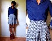 Vtg Retro Navy & White Striped Checkers Belted LS Collar Dress