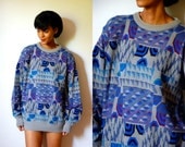 Vtg Abstract Mix Print Grey Blue Knitted Grandpa Sweater