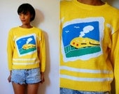 Vtg Train Postcard Knitted Yellow White Cotton Sweater