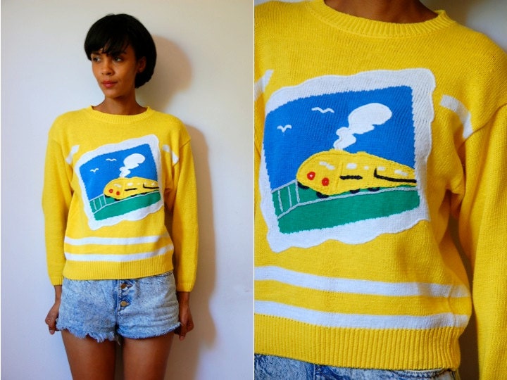 Vtg Train Postcard Knitted Yellow White Cotton Sweater