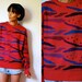 Vtg Abstract Mix Print Blue Black Brick Red Knitted Grandpa Sweater