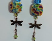 Antique copper and lampwork pillow bead dragonfly earrings, green, turquoise and brown lampwork dangle earrings with Tierra Cast dragonflies