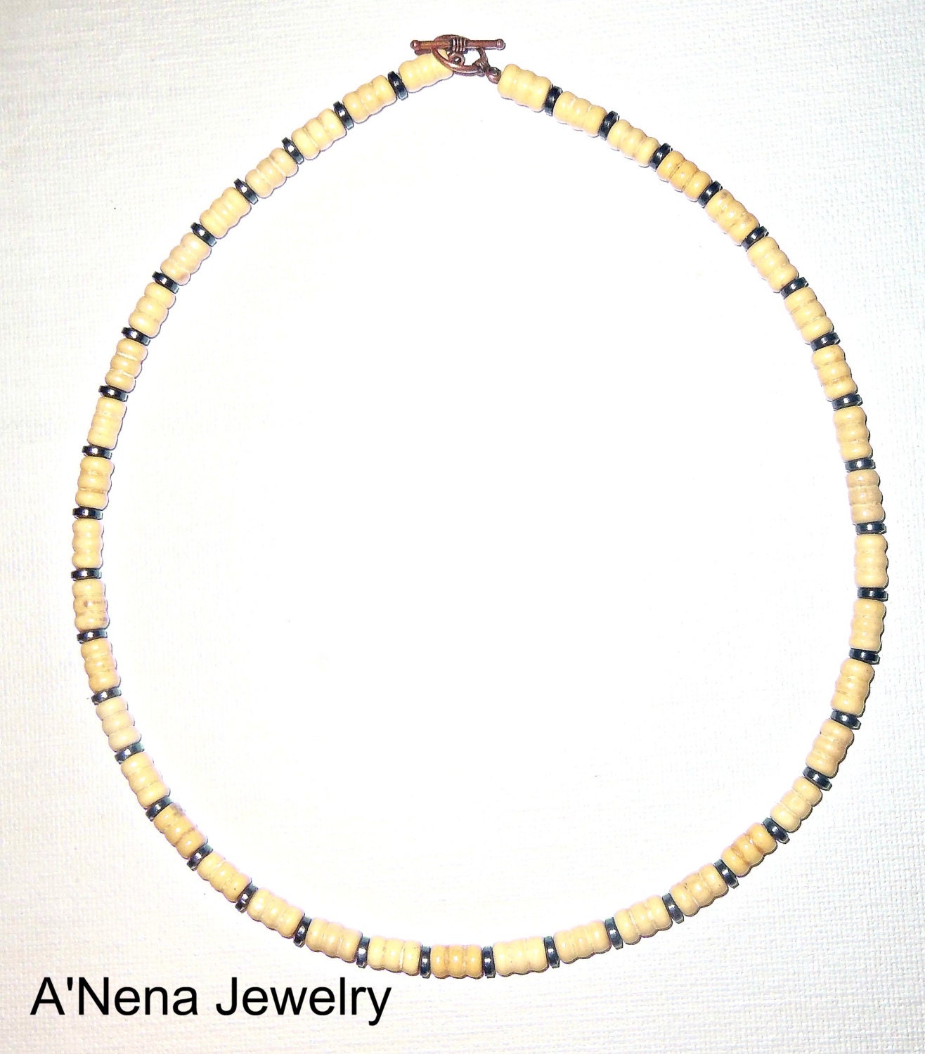 Men's Choker "Good Karma" Genuine  Wood , Hematite with a copper toggle clasp