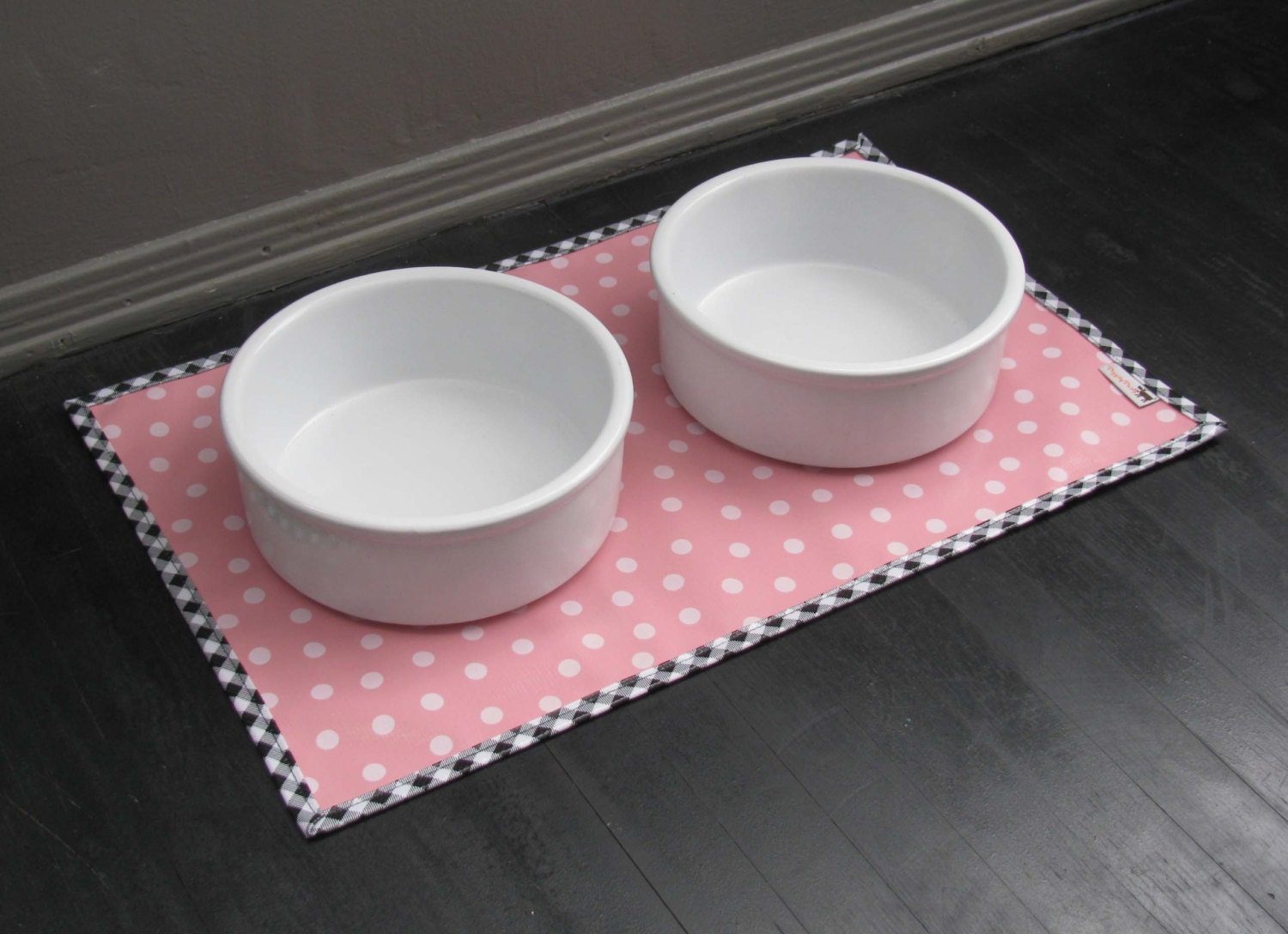 Pink & White Polka Dot Pet Placemat with Gingham Border