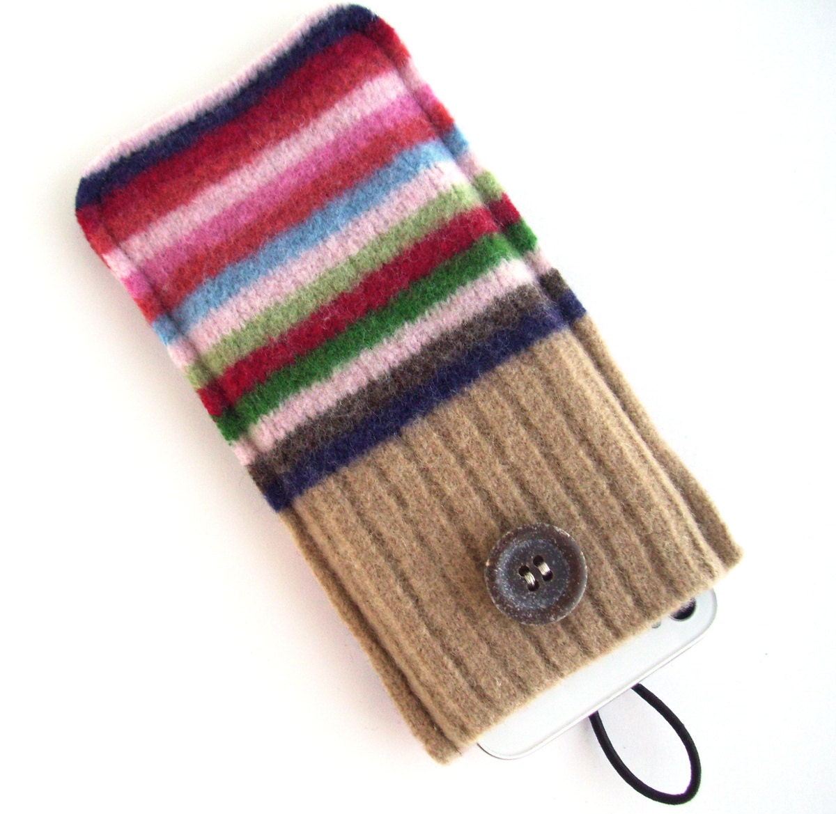 Upcycled Multi Colored Striped Felted Wool Cell Phone Case, Fits iPhone & iPod, Phone Cozy