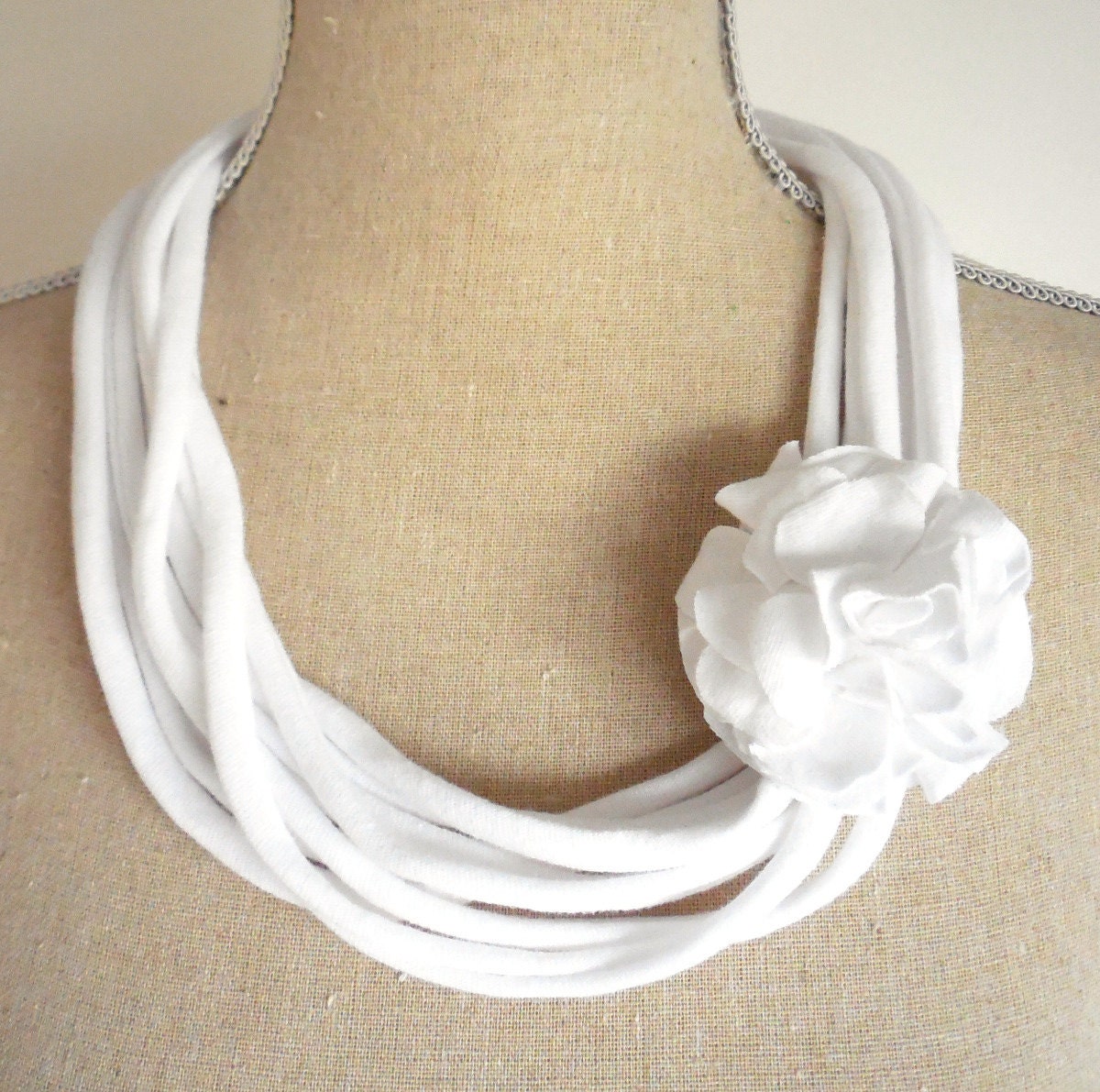 Upcycled White Jersey Tee Noodle Necklace with Removable Flower Clip, Repurposed Recycled T-shirt Loop Scarf, Accessory