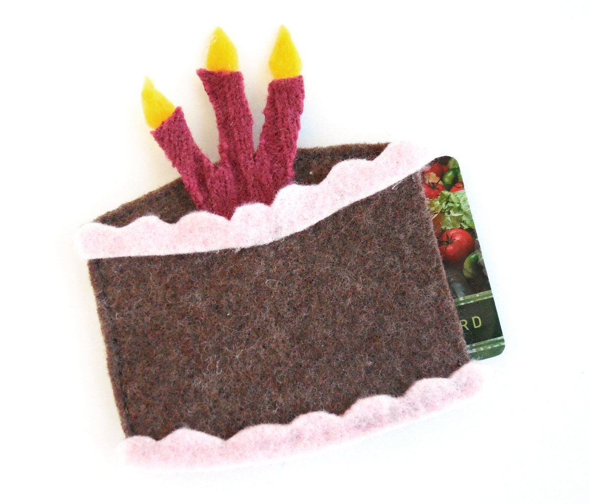 Felted Wool Birthday Cake Gift Card Holder, Brown and Pink, Upcycled, Birthday Gift Card
