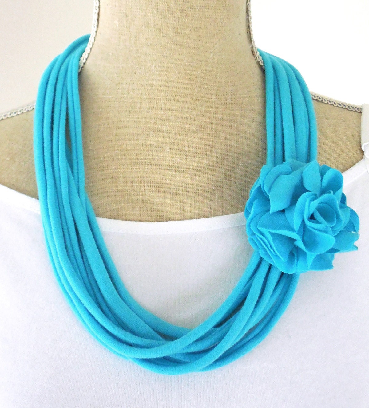 Upcycled Aqua Blue Jersey Tee Noodle Necklace with Removable Flower Clip, Spring Color, Repurposed Recycled T-shirt Loop Scarf, Accessory