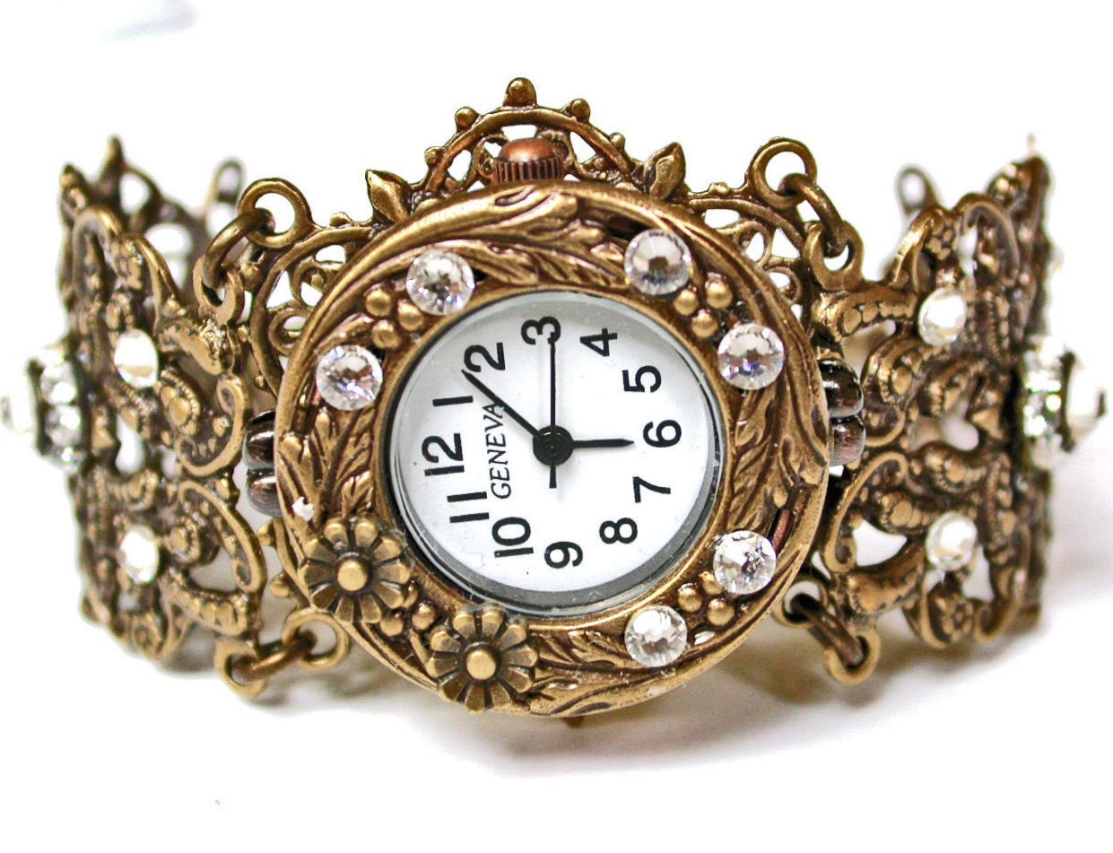 Brass Women Wrist Watch  - Vintage Style - Swarovski Victorian Gothic  Wedding Jewelry