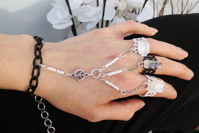Diamond Slave Bracelet, Ring Bracelet, Peace Sign, Black and White, 3 Ring, Bold, Statement Jewelry, Quartz Crystal, Herkimer Diamond