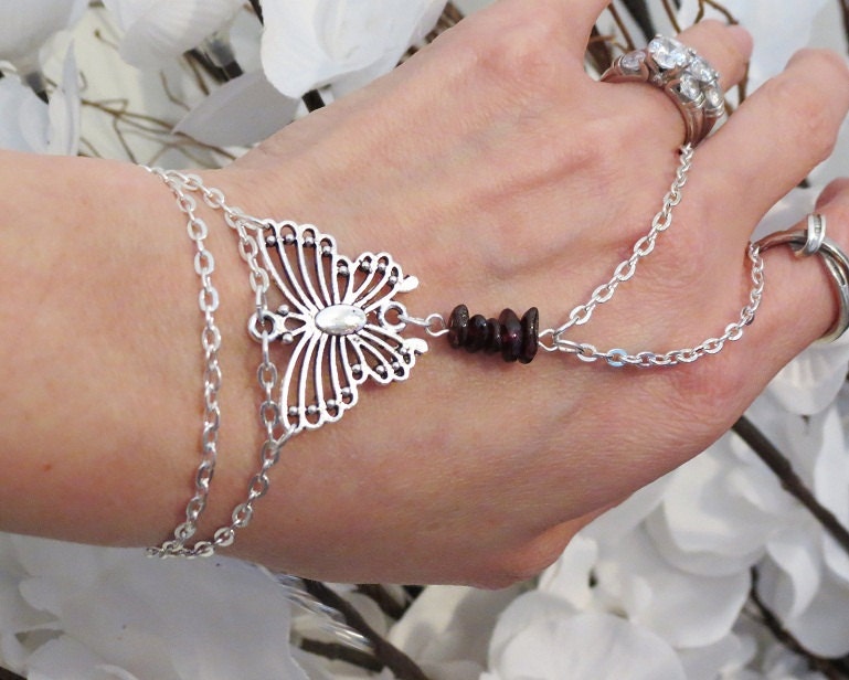 Butterfly Garnet Slave Bracelet Ring. Silver tone Chain, Silver tone metal Butterfly w genuine Garnet Gemstone Beads. Custom Sized