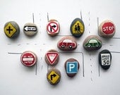 Road Signs with Magnets, Traffic Symbols, Play for Magnetic Chalkboard, Eco Toys, Gift Idea for Boys, Painted Beach Pebbles, Sea Stones