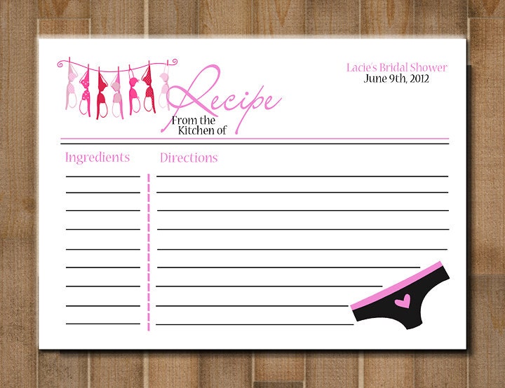 PRINTABLE  Recipe Card: "Lingerie"  -- Bridal Shower, Bachelorette Party -- CUSTOM