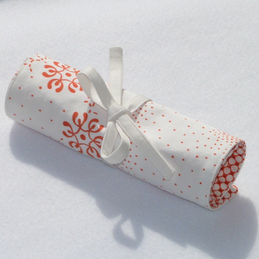 Pencil Roll, Pen Holder, Art Organizer, Handprinted Cotton, Red and White, Free US Shipping