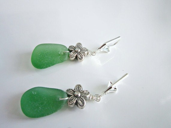 Green Sea Glass Dangle Earrings with sterling