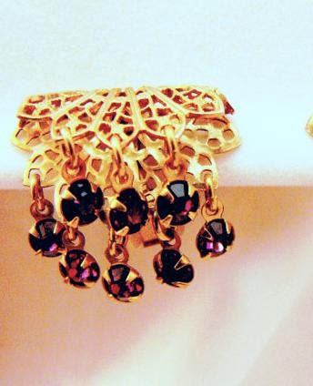 Purple Rhinestone Cha Cha Earrings Gold Filigree