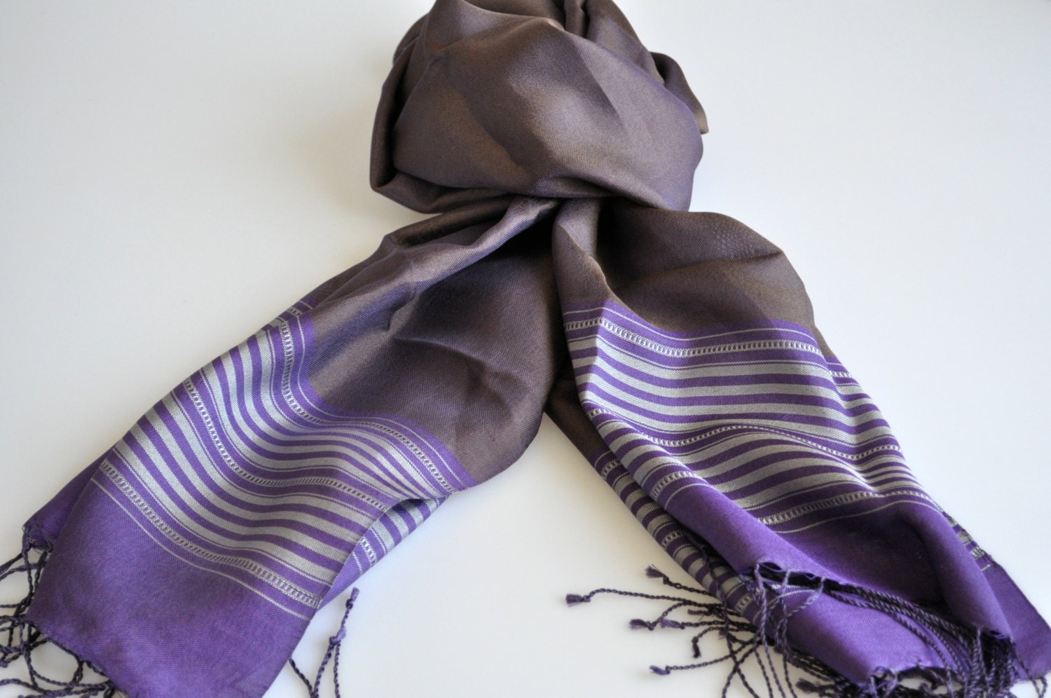 Handwoven Ida Silk Shawl - Coffee - Purple stripes