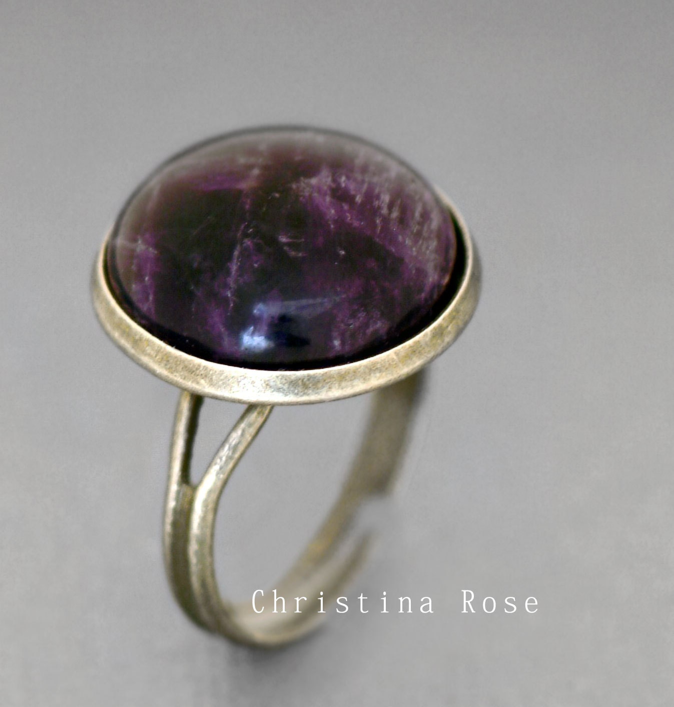 AMETHYST NATURAL DOME Ring - Polished Gemstone Ring - Natural Stone With Bronze Adjustable Band, Gemstone Statement ooak.