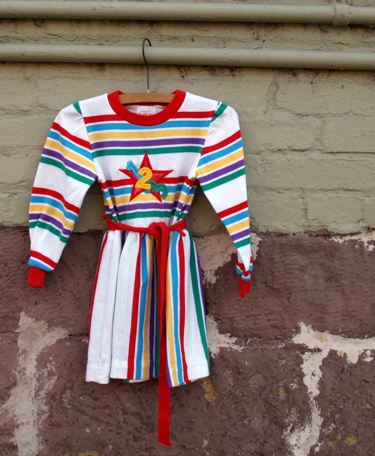 vintage health-tex long sleeved striped ringer dress with star 1 2 3 applique