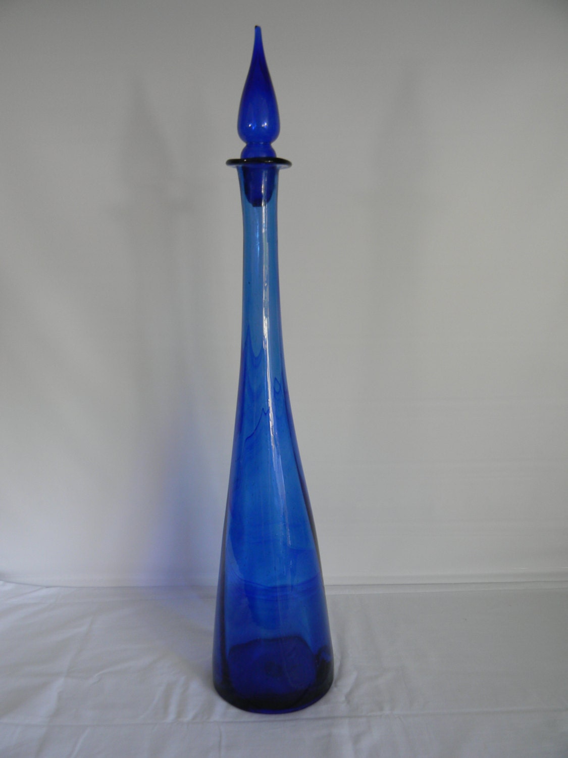 Vintage Mid Century Large Handblown Glass Decanter Bottle w/ Stopper Blue Home Decor
