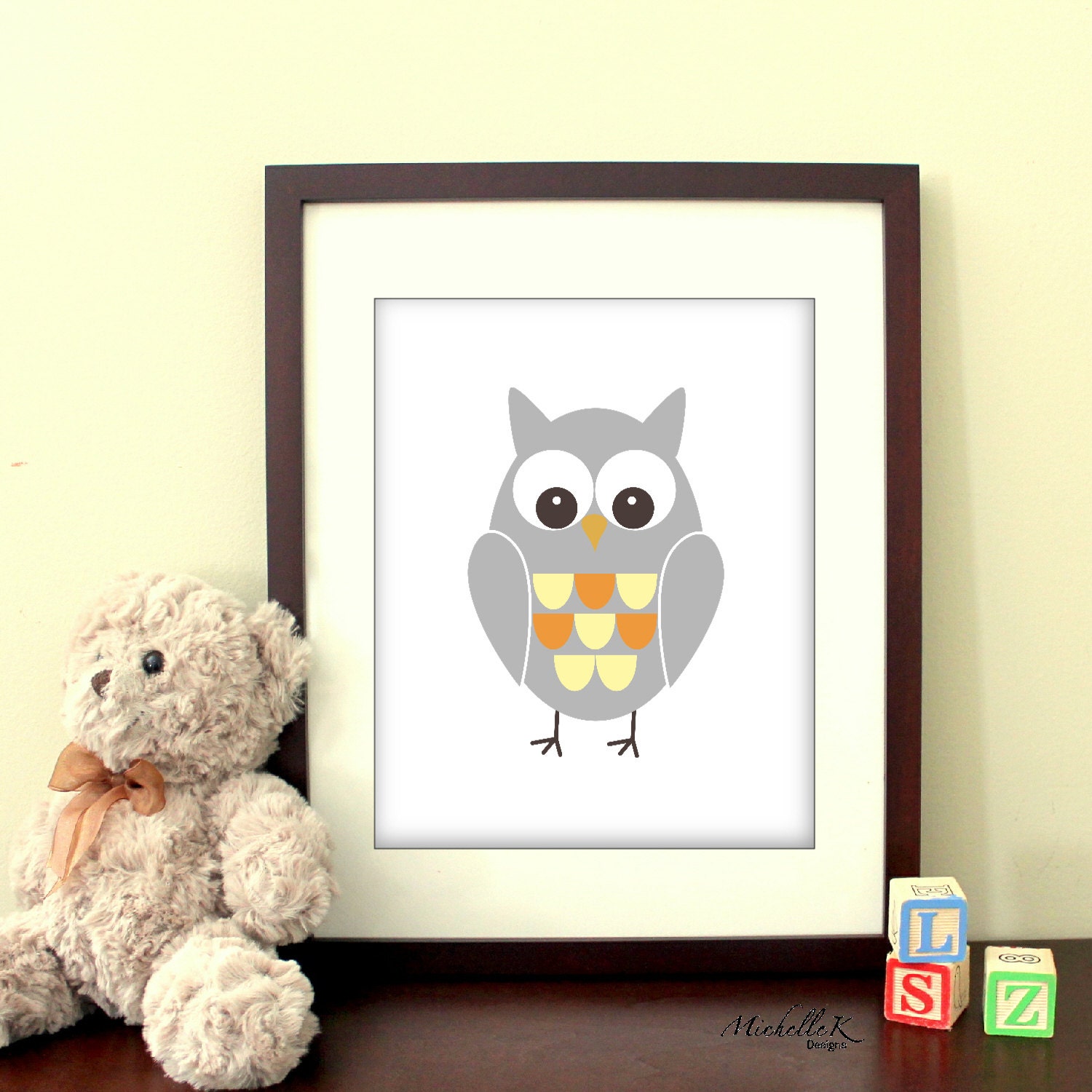 8"x10" Printable Art - "Owl" - in Orange & Butter (Pale Yellow) - Children's bedroom, playroom or nursery art - JPG - Instant Download