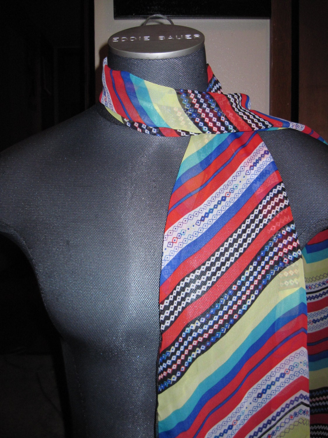 Skinny Uneven Cheveron Multicolored Geometric Striped Chiffon Scarf, Red Yellow Green Blue White Black, Sheer Womans Scarf