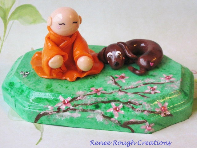 Buddhist Monk Chibi Dachshund Polymer Clay Cherry Blossom Tree
