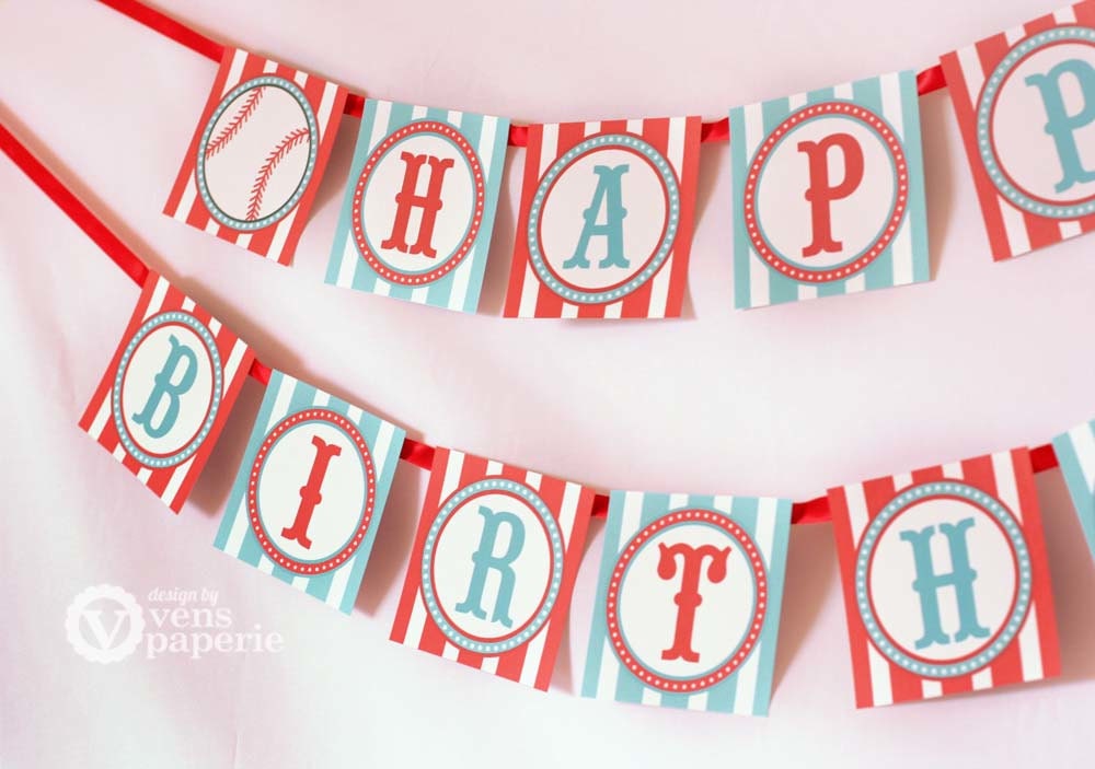 Vintage Blue Baseball Birthday Party - DIY PRINTABLE Happy Birthday Banner - Instant Download - design by venspaperie - PS804CA1e