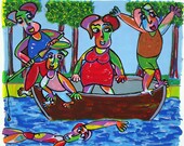 Screenprint Summer evening , family on the water