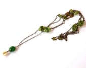 Art Deco Lavalier Necklace Green Art Glass Long Delicate Chain Flapper 1920's // Antique Jewelry