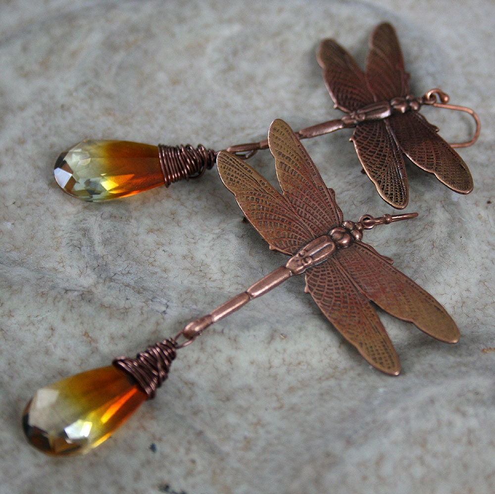 Dragonfly Earrings -AUTUMN FIREFLIES- copper and Swarovski crystal dragonfly earrings