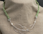 Laurel Leaf Sterling Silver Peace Choker on Green Braided Leather Choker with Pearl