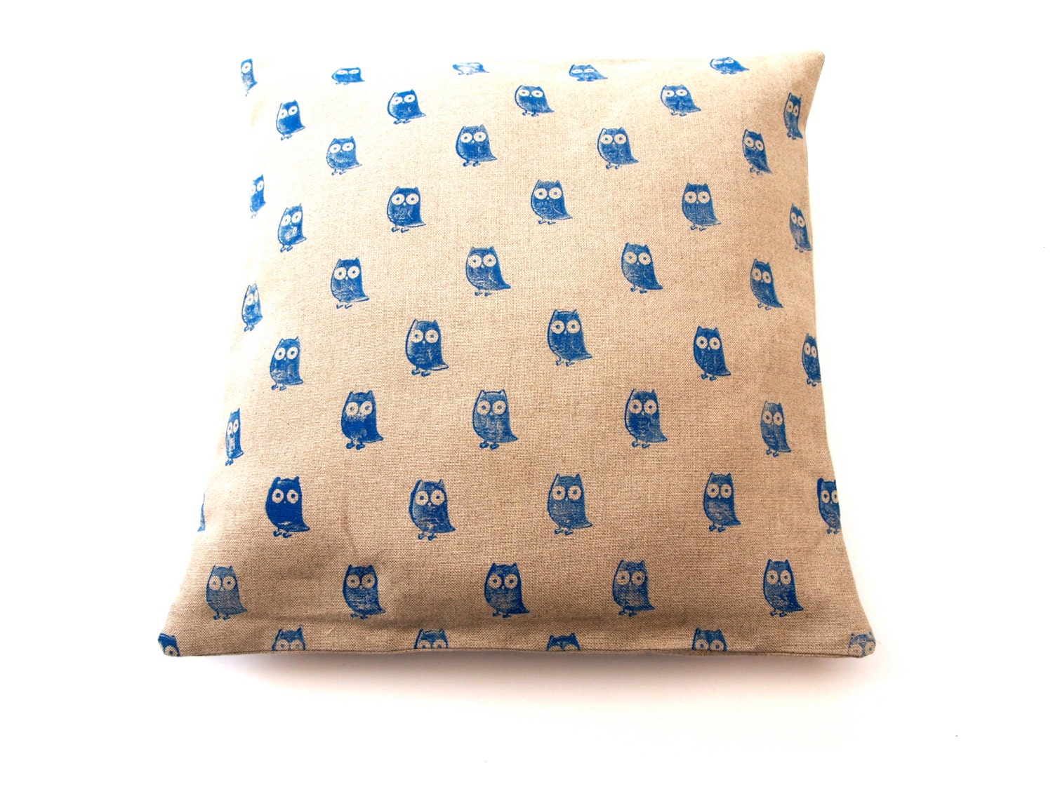 Linen Pillow Owl - Cushion Cover  Natural Organic Linen Hand Printed Woodland Blue Bird