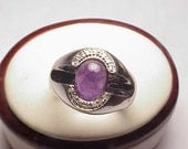 Antique Art Deco  Unisex  10k WG  Huge Genuine  Cabochon Amethyst and Diamonds  ,1950's