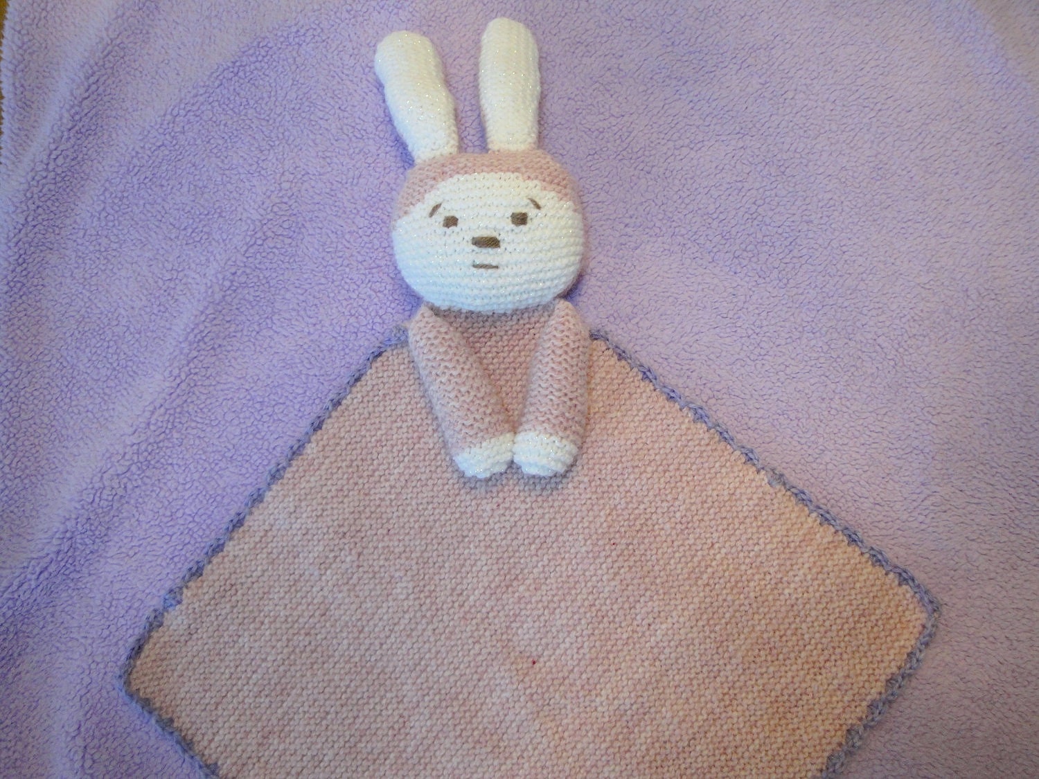 Hand Knit Bunny Lovie Blanket, Security Blanket, Blanket Buddy, Baby Shower Gift, Boy Girl Toddler by Girlpower