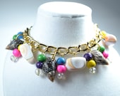 Seashell Theme Charm Bracelet - Gold Chain, Shell, Wooden Beads, Beach, Summer, Pink, Blue, Purple, Yellow, Green, Clear