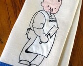 Vintage Linen Towel Applique Embroidered Butch Butcher Dish Kitchen