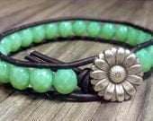 Opal Jade Czech Glass Beaded Leather Bracelet, Sunflower Bracelet, Chic Leather Wrap Jade Bracelet, Boho, Shabby Chic