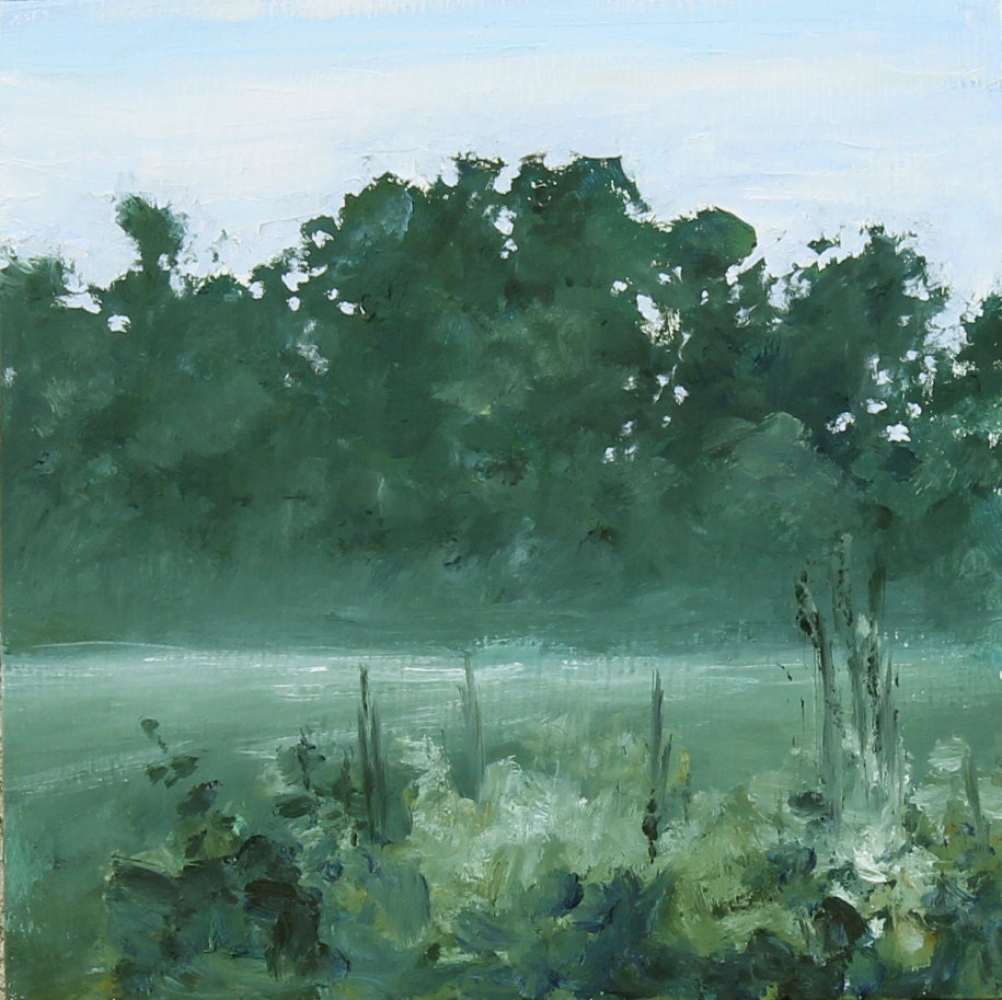 Morning Mist Blue Landscape Painting original oil on Small Wood Panel 8x8 inch wall decor
