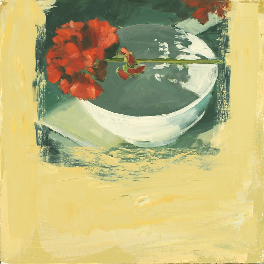Still Life Painting with Bowl and Geranium, Original Oil on Wood Panel, 18x18 inch fine art
