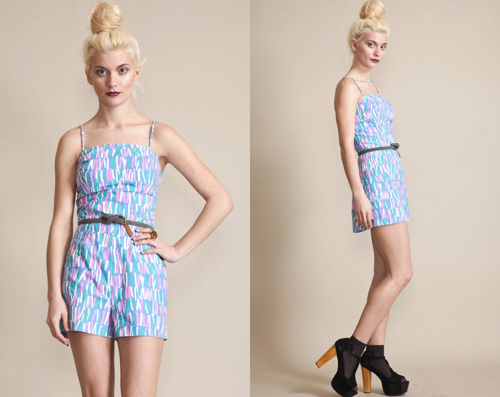 Vintage 80s Does 50s PRINT ROMPER //  SHorts // Onsie // Smocking 